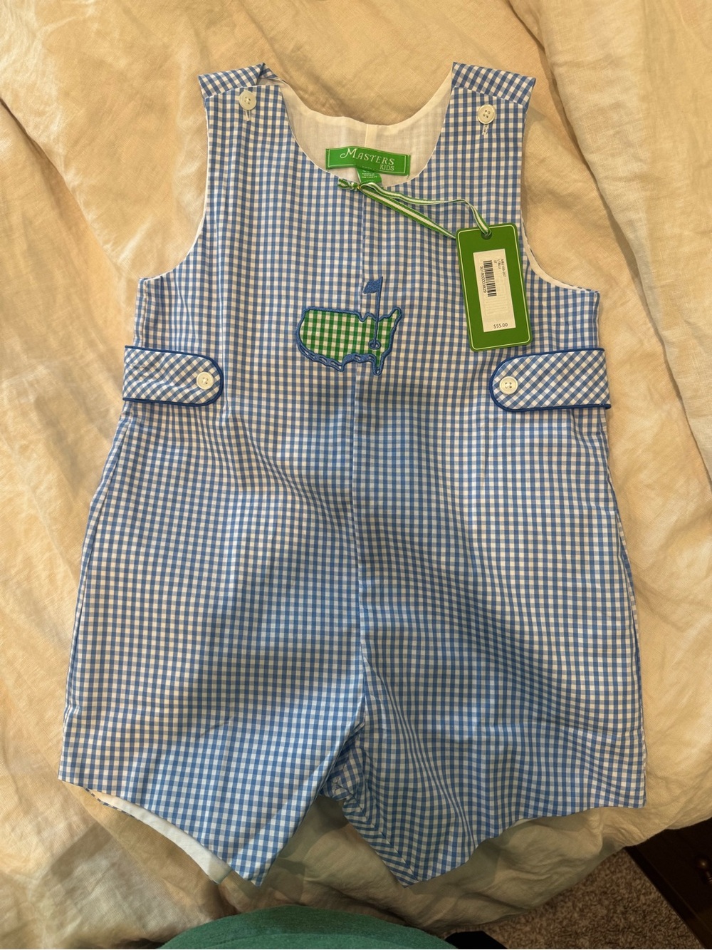 Masters Blue Gingham Shortall with Green Map Applique